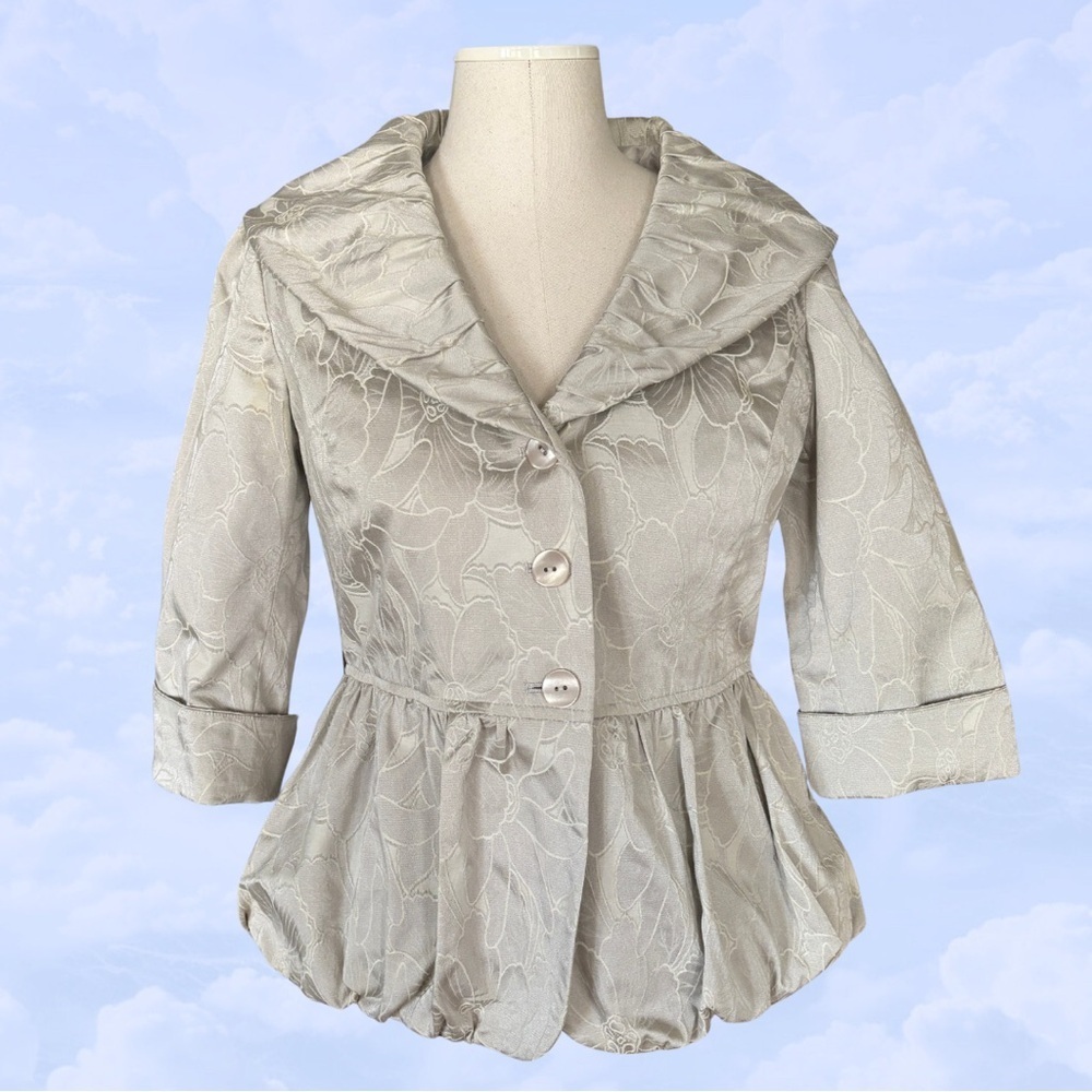 J JILL Peplum Jacket Jacquard Embroidered 3/4 Sleeve Silver Grey Coat 4 Holiday